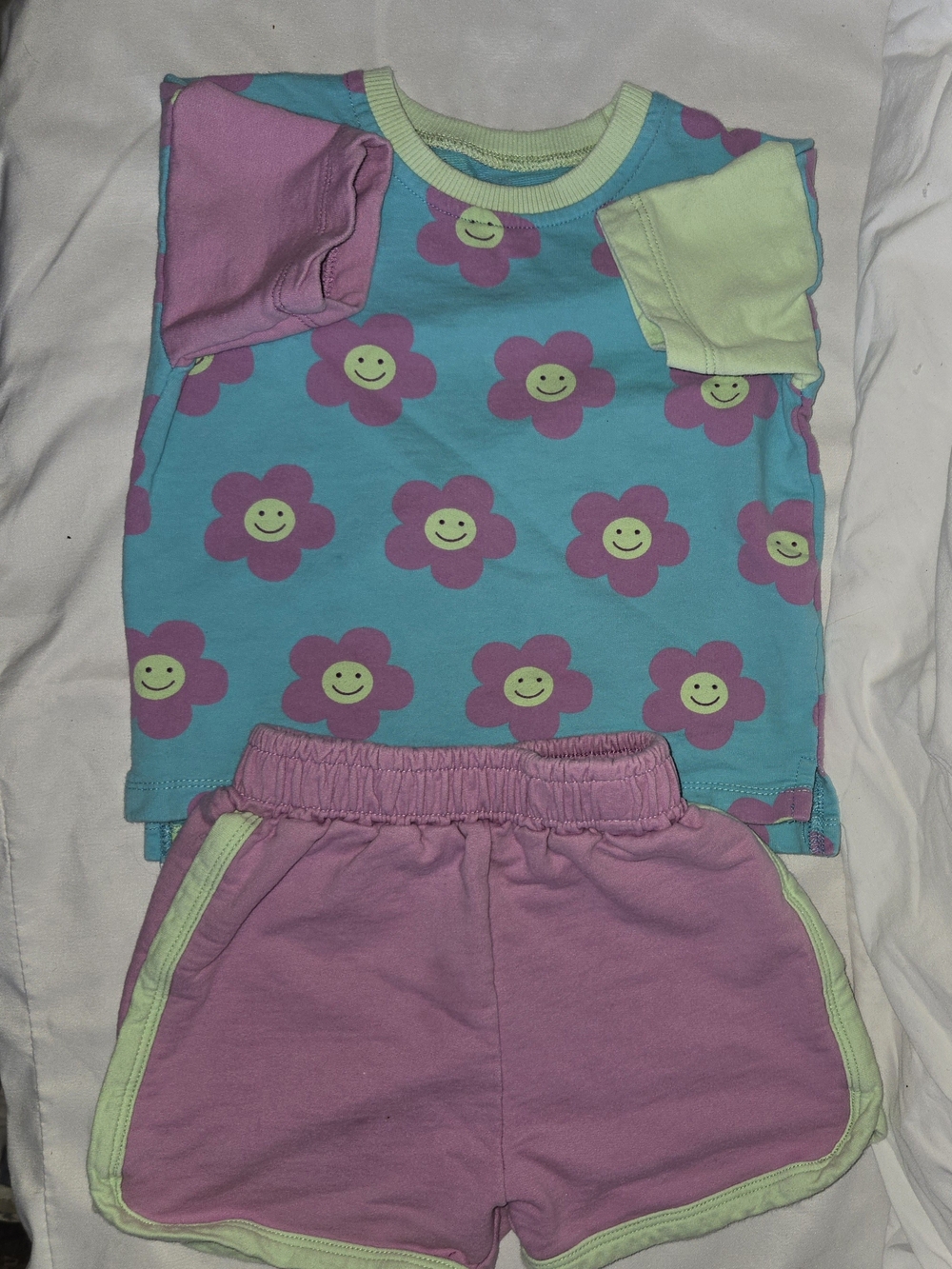 Kids Floral Smile Short Set - Blue & Pink